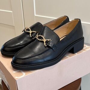 JustFab Madison Black Loafers with Gold Chain Detail